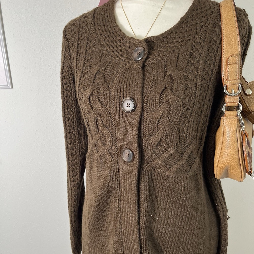 Y2K Vintage Brown Knit Milkmaid 3 Button Cardigan Sweater Womens Medium‎ - Picture 2 of 6